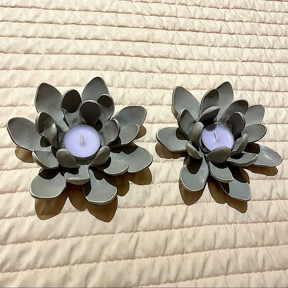 Set of Two Grey Lotus Flower Tealight Candle Holders